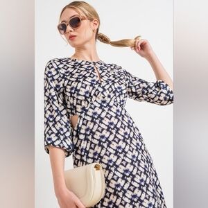 Stefanel Cut Out Geometric Midi Dress Navy And Cream Size Small